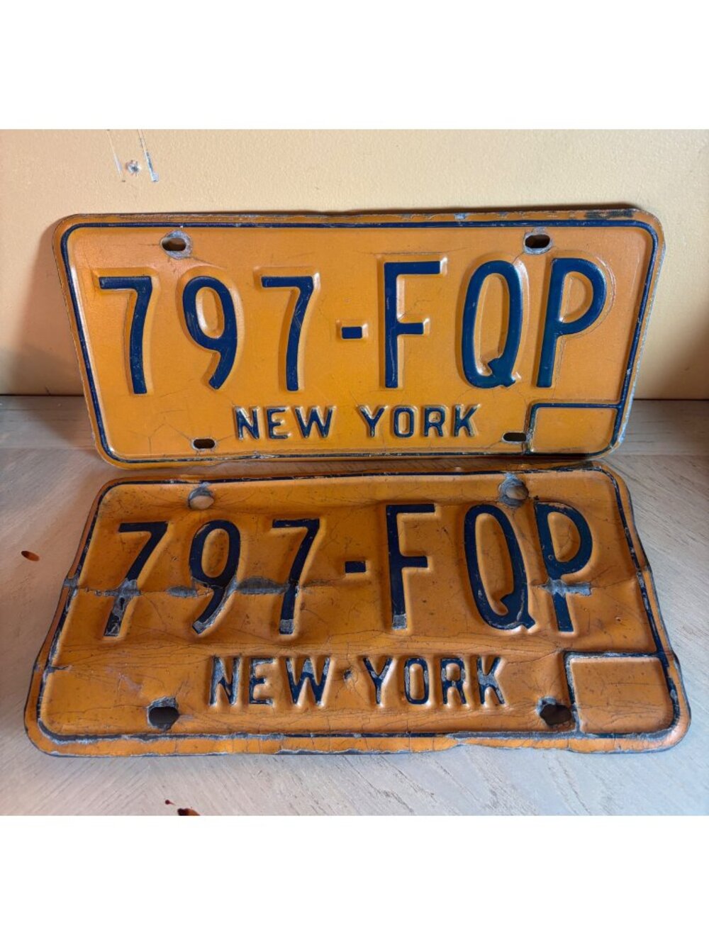 Vintage 1970s New York License Plates Pair - 797-FQP Yellow & Blue 12" Metal Pla